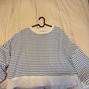 aerie White and Light Blue Striped Crewneck Sweater
